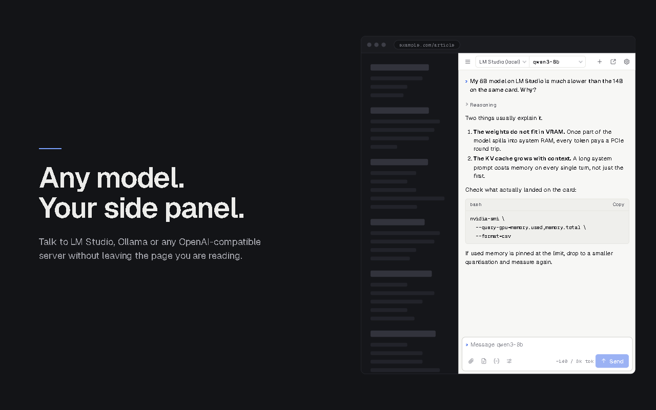 Streamed markdown reply with a code block in the side panel