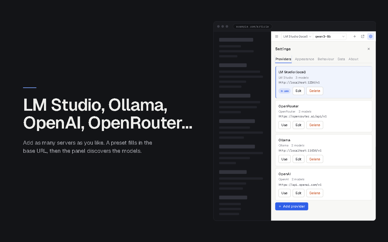 Provider settings with presets for LM Studio, Ollama, OpenAI and OpenRouter